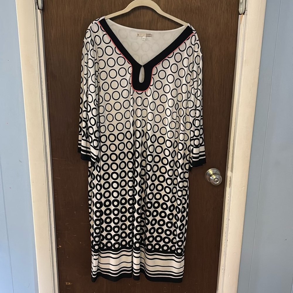 Dress Barn black and white with coral accent trim business/casual dress